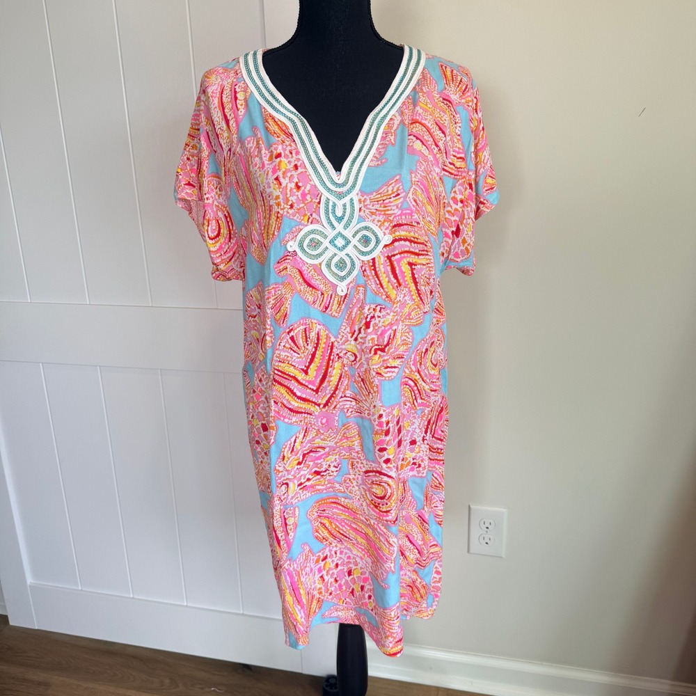 Lilly Pulitzer Harlow Tunic Dress Pink Blue Tropical Fish Embellished V-Neck M